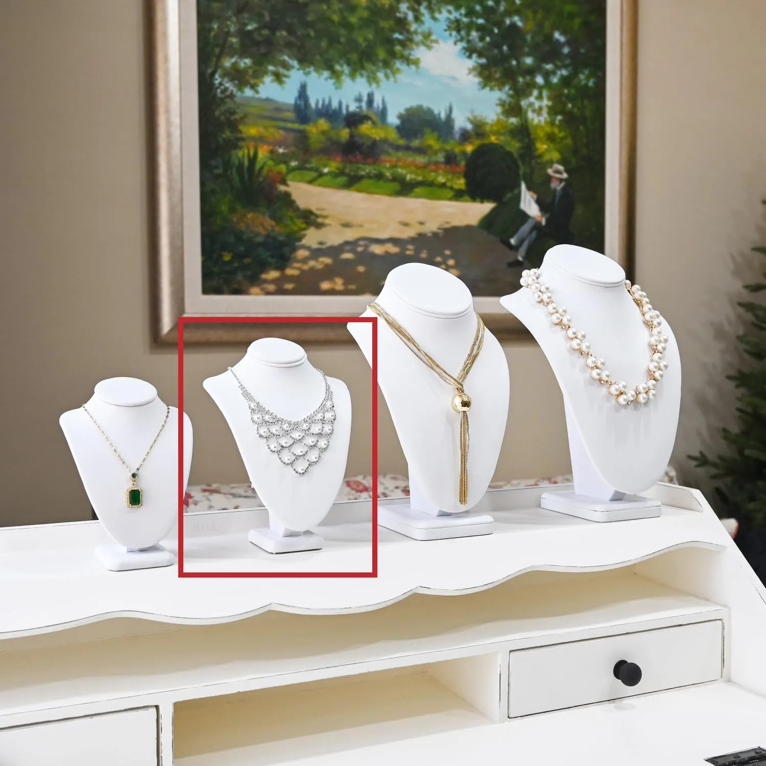 MOOCA 2 Pcs Small Necklace Chain Jewelry Bust Display Holder Stand, Necklaces Display Mannequin, Jewelry Bust Stand 7 1/4 in H, White Leatherette