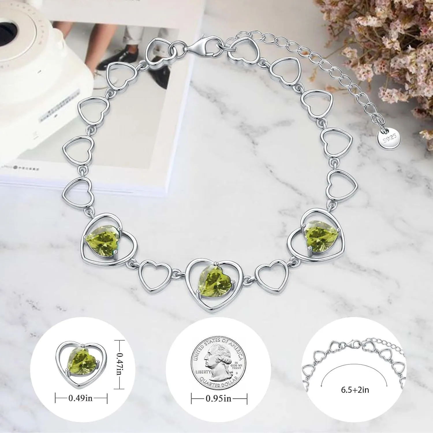 Mother's Day 3 Heart Birthstone Bracelet 925 Sterling Silver Gemstone Bracelets Jewelry Gifts for Women Wife Mother 6.5-inch Chain and 2-inch Extender