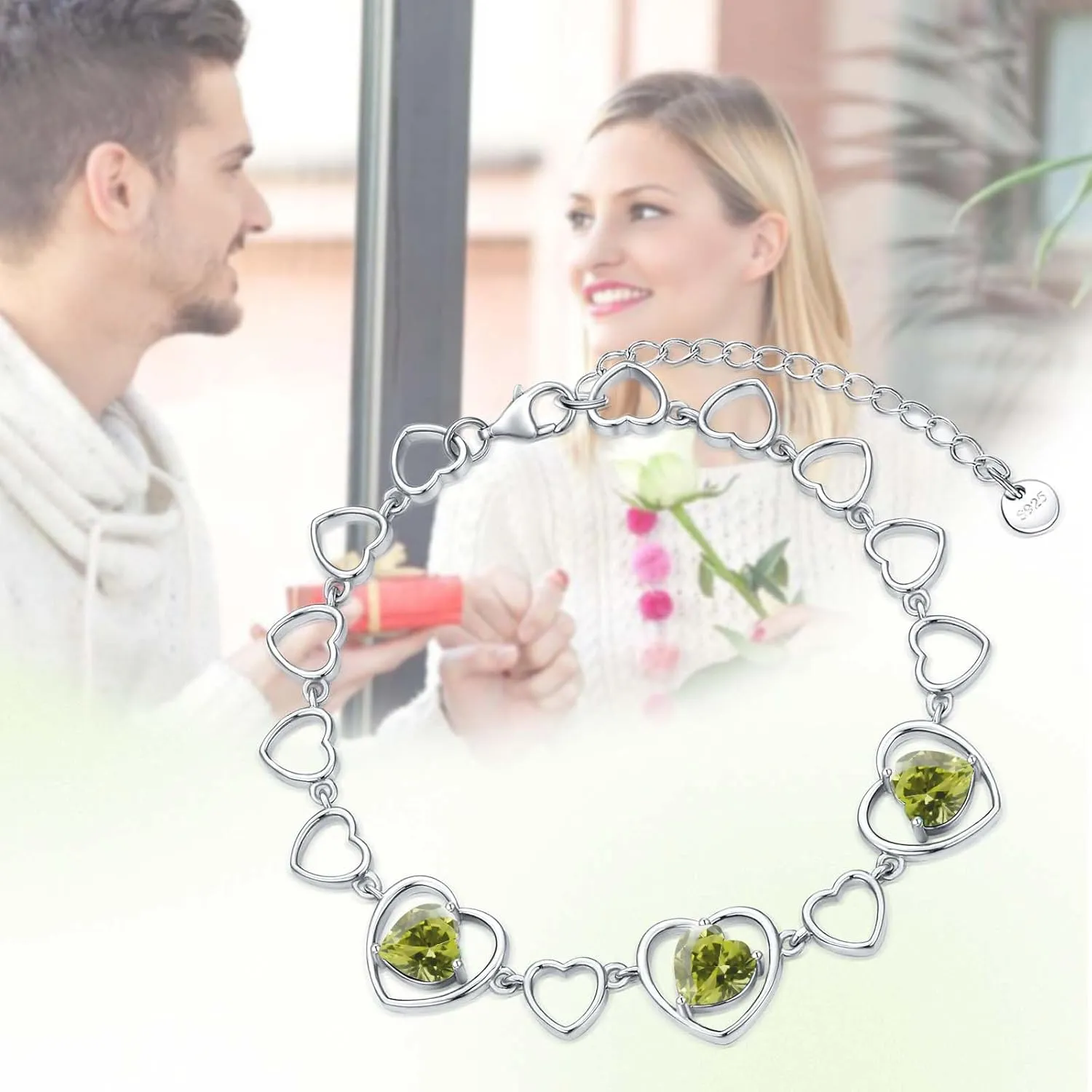 Mother's Day 3 Heart Birthstone Bracelet 925 Sterling Silver Gemstone Bracelets Jewelry Gifts for Women Wife Mother 6.5-inch Chain and 2-inch Extender