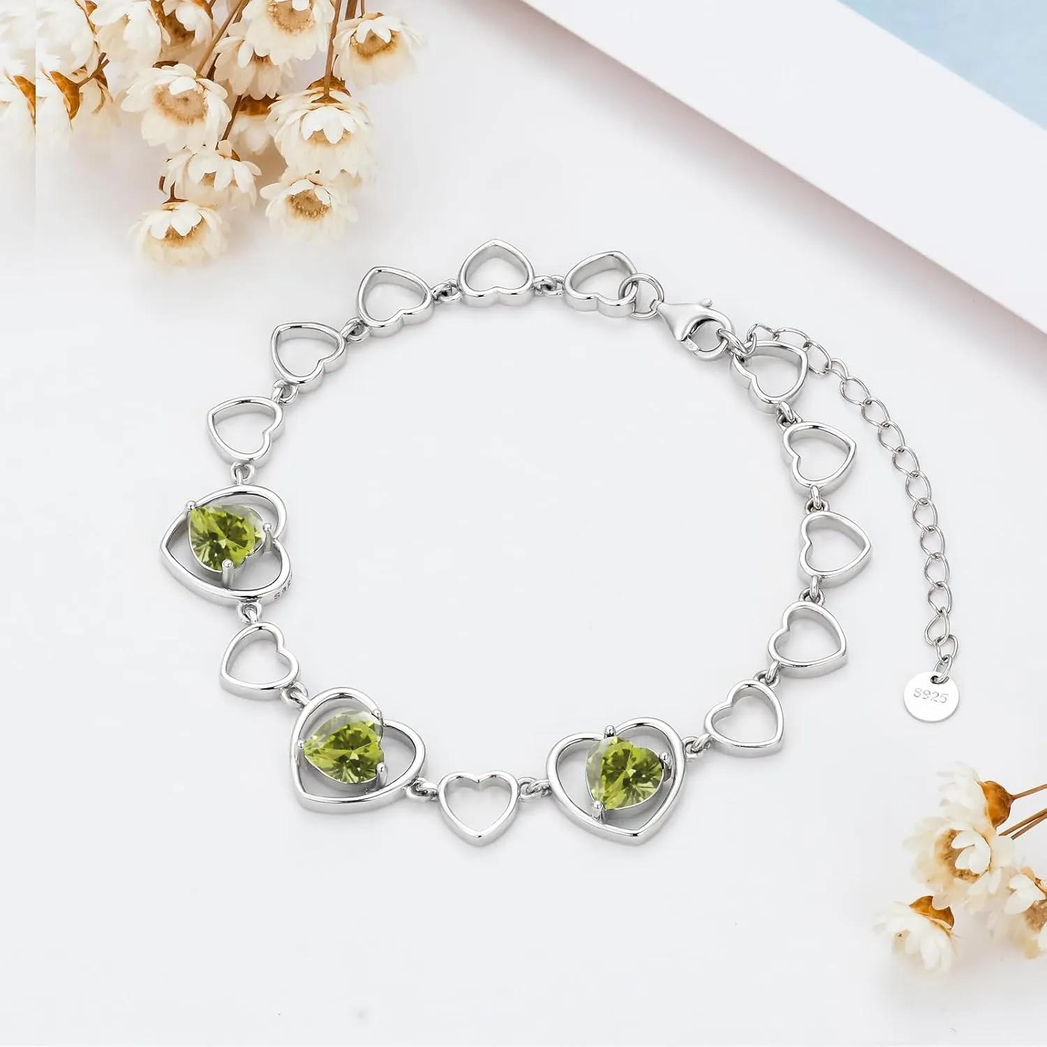Mother's Day 3 Heart Birthstone Bracelet 925 Sterling Silver Gemstone Bracelets Jewelry Gifts for Women Wife Mother 6.5-inch Chain and 2-inch Extender