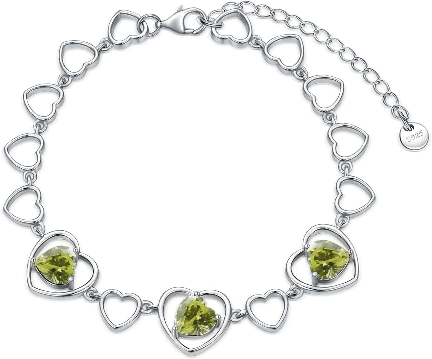 Mother's Day 3 Heart Birthstone Bracelet 925 Sterling Silver Gemstone Bracelets Jewelry Gifts for Women Wife Mother 6.5-inch Chain and 2-inch Extender
