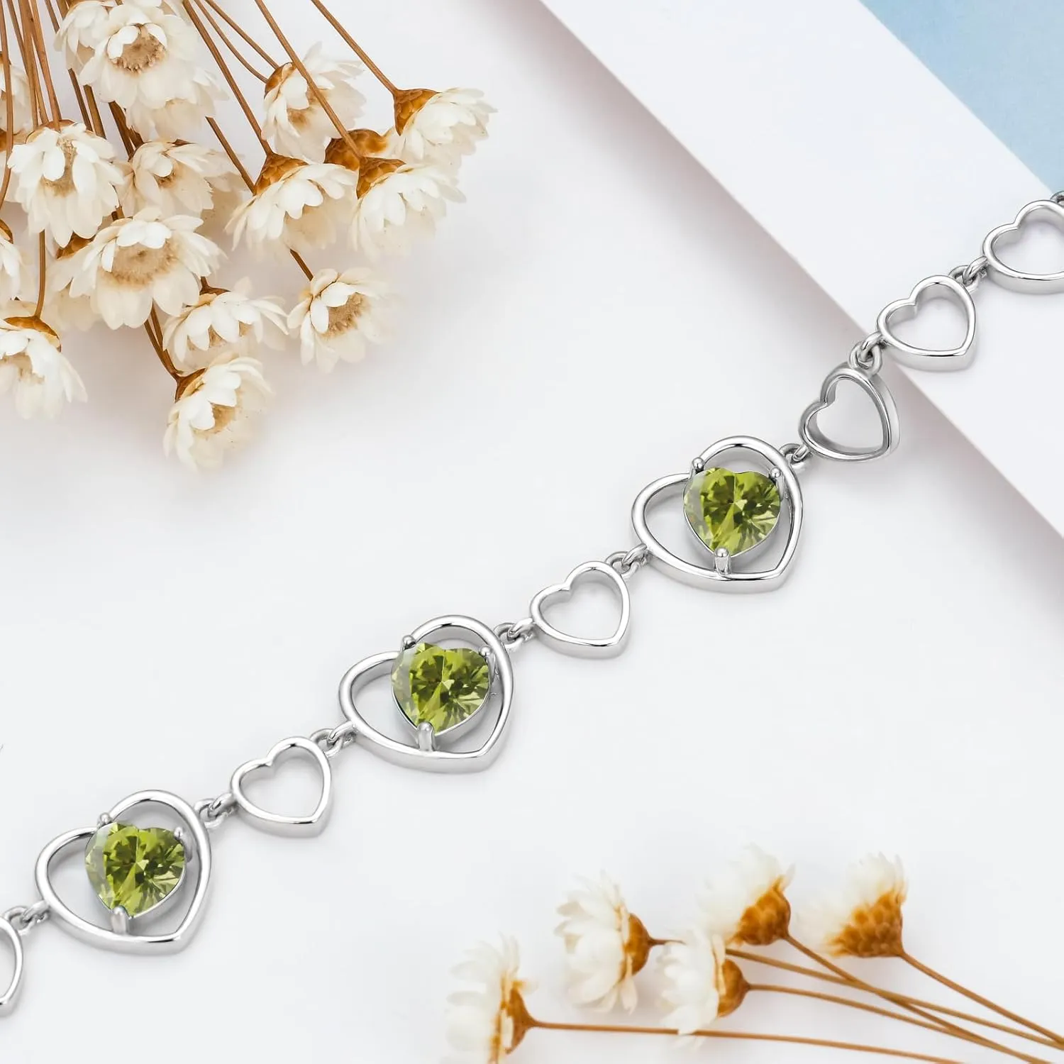 Mother's Day 3 Heart Birthstone Bracelet 925 Sterling Silver Gemstone Bracelets Jewelry Gifts for Women Wife Mother 6.5-inch Chain and 2-inch Extender