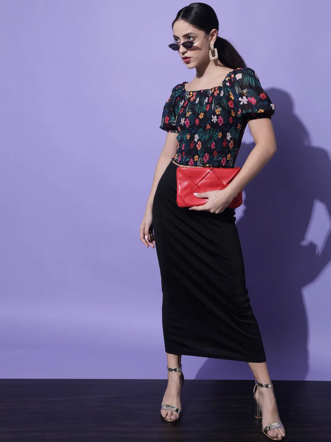 Multicolored Floral Printed Smocking Crop Top