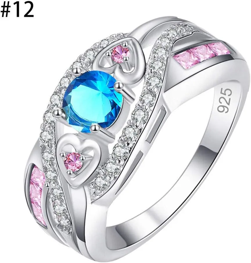 Multicolored Zirconia Plated Silver and Silver Ring Amethyst Ring Couple Ring Real Rings (Blue, 8)