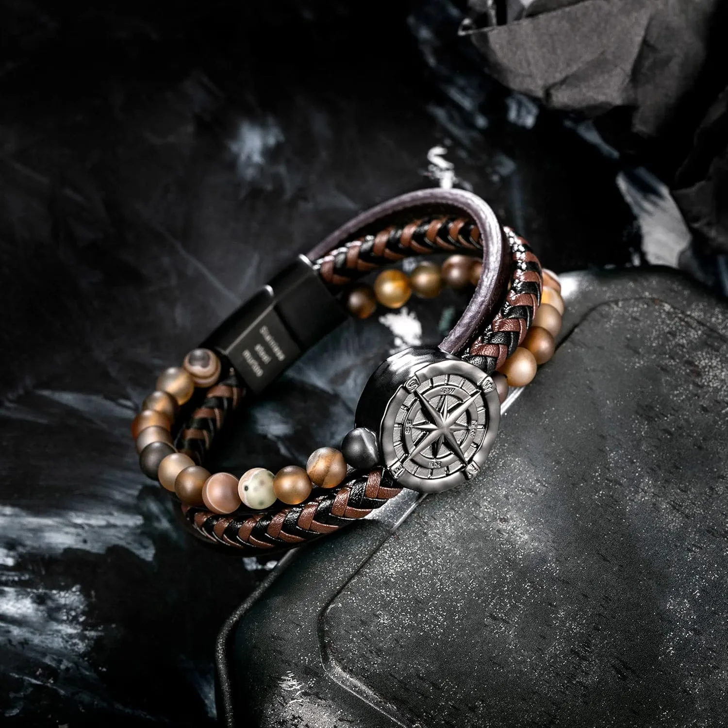 murtoo Men's Bracelet Leather with Compass, Braided Leather Bracelets for Men Magnetic Clasp 7.5/8.5/9.5 inch Gift for Husband Boyfriend Father