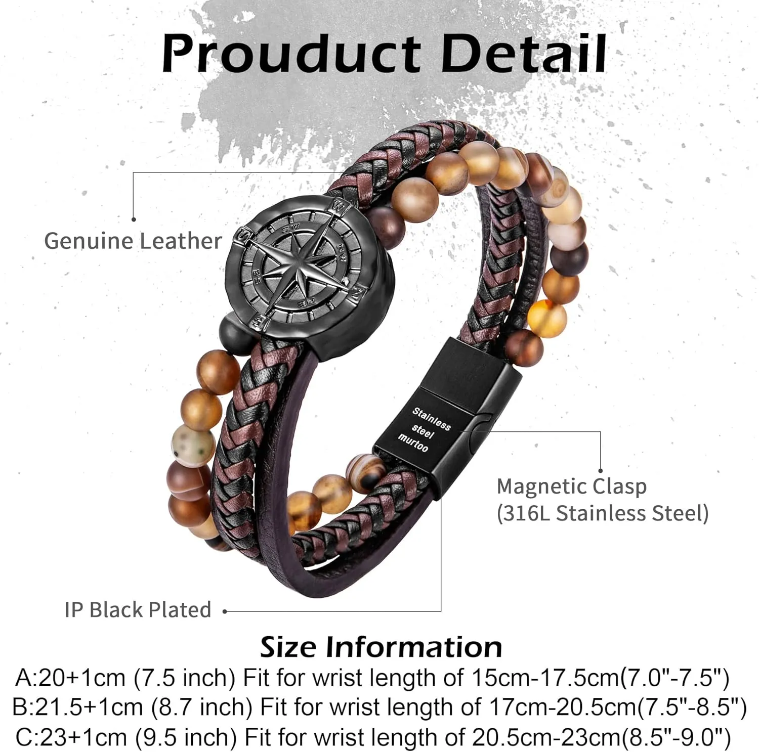 murtoo Men's Bracelet Leather with Compass, Braided Leather Bracelets for Men Magnetic Clasp 7.5/8.5/9.5 inch Gift for Husband Boyfriend Father