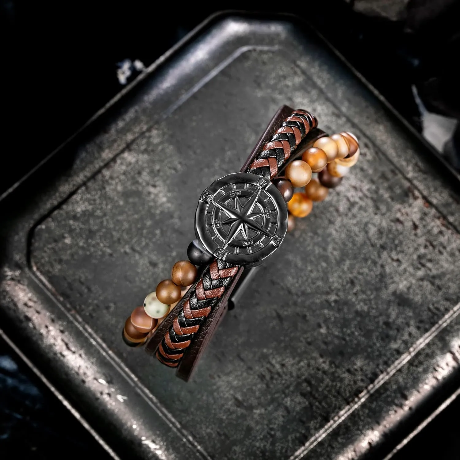 murtoo Men's Bracelet Leather with Compass, Braided Leather Bracelets for Men Magnetic Clasp 7.5/8.5/9.5 inch Gift for Husband Boyfriend Father