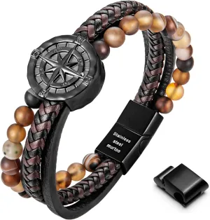 murtoo Men's Bracelet Leather with Compass, Braided Leather Bracelets for Men Magnetic Clasp 7.5/8.5/9.5 inch Gift for Husband Boyfriend Father