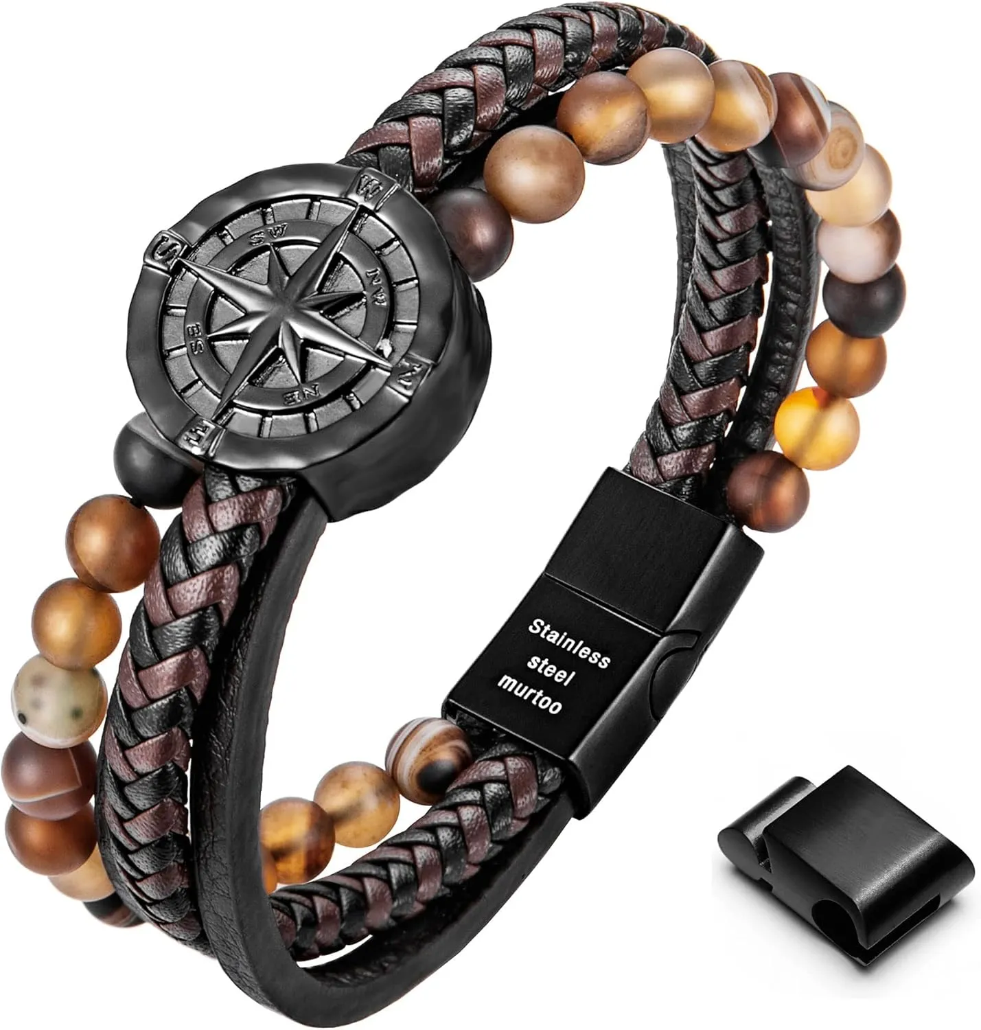 murtoo Men's Bracelet Leather with Compass, Braided Leather Bracelets for Men Magnetic Clasp 7.5/8.5/9.5 inch Gift for Husband Boyfriend Father