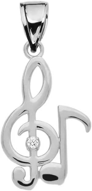 Music Jewelry Fine Sterling Silver Diamond Treble Clef and Eighth Note Pendant