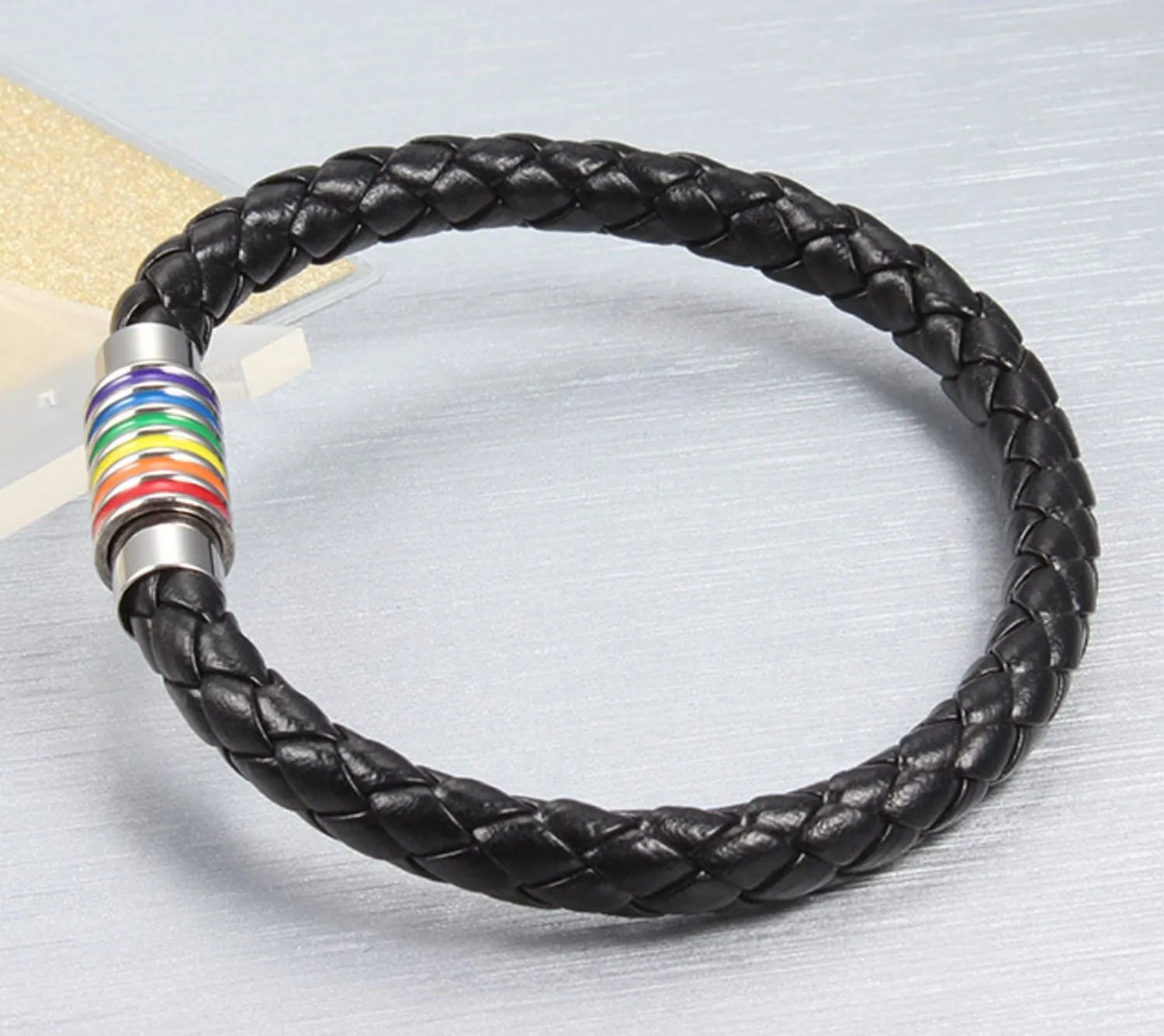 Nanafast Titanium Stainless Steel Rainbow LGBT Pride Bracelet Handmade Braided LGBTQ Pride Bracelets PU Leather Weave Plaited Wristband Jewelry
