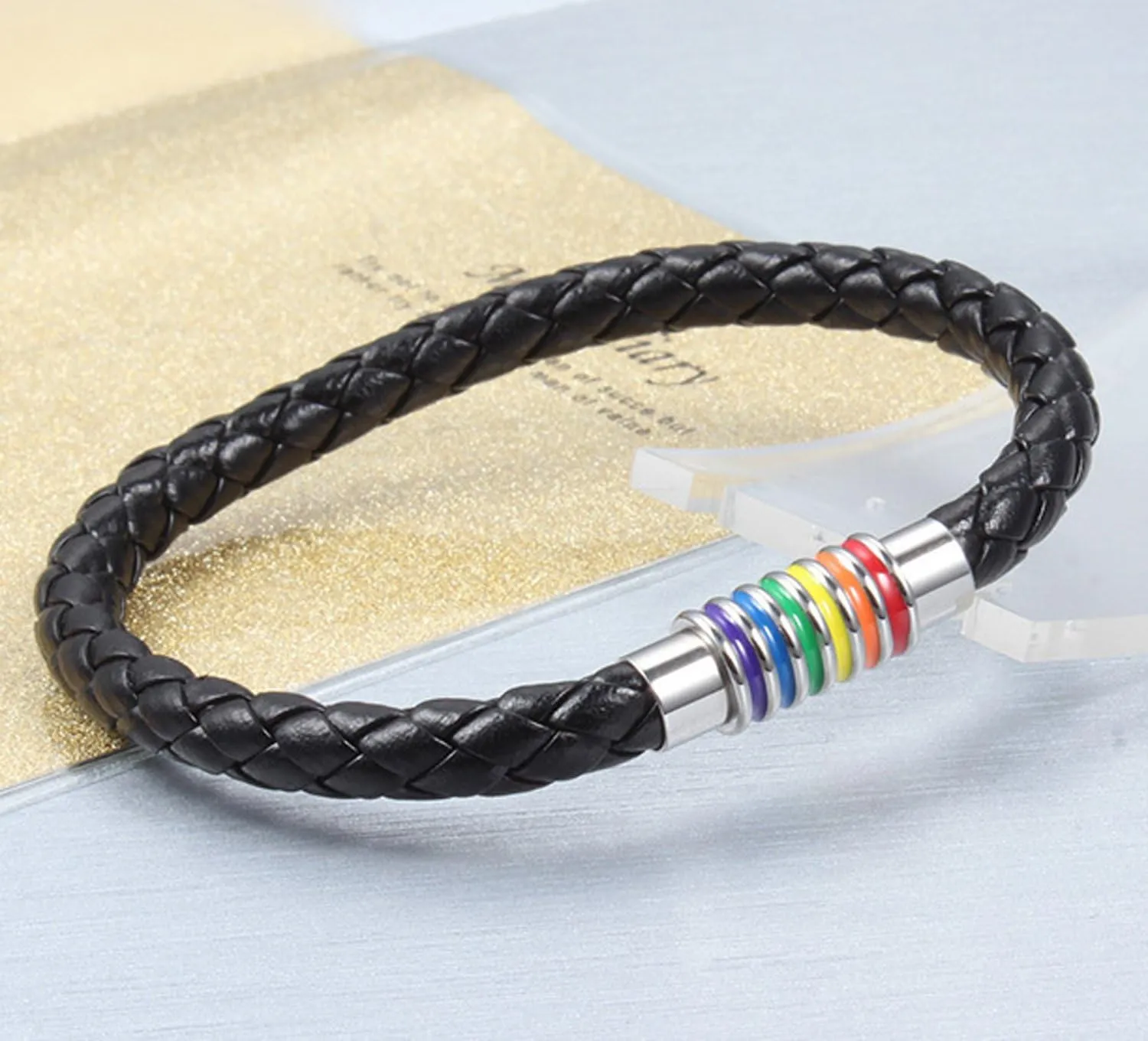 Nanafast Titanium Stainless Steel Rainbow LGBT Pride Bracelet Handmade Braided LGBTQ Pride Bracelets PU Leather Weave Plaited Wristband Jewelry
