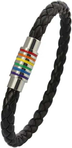 Nanafast Titanium Stainless Steel Rainbow LGBT Pride Bracelet Handmade Braided LGBTQ Pride Bracelets PU Leather Weave Plaited Wristband Jewelry