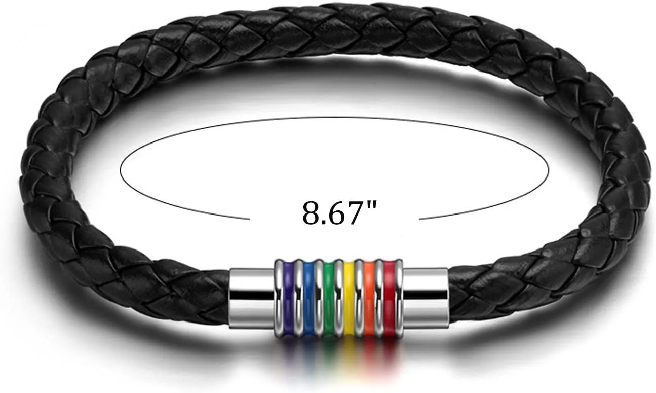 Nanafast Titanium Stainless Steel Rainbow LGBT Pride Bracelet Handmade Braided LGBTQ Pride Bracelets PU Leather Weave Plaited Wristband Jewelry