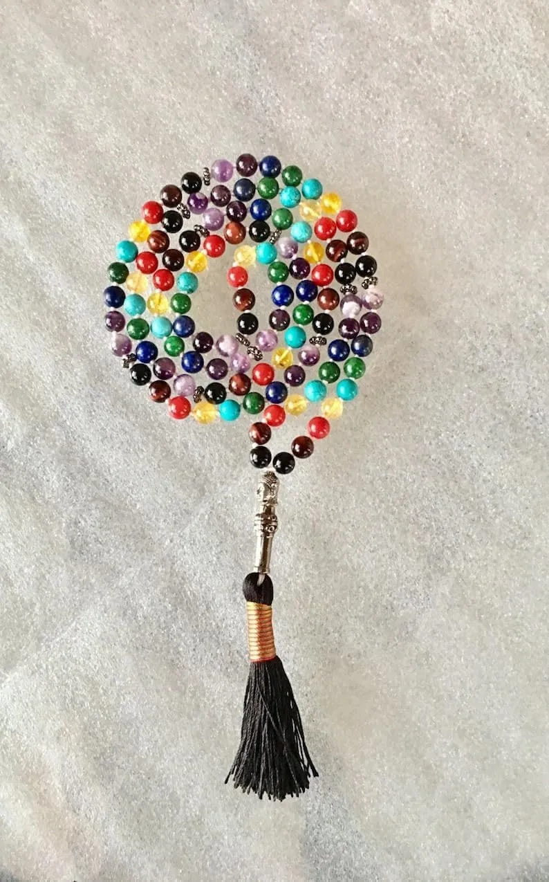 Natural 7 Chakra 8mm 108 Mala Beads, Spiritual, Meditation Beads, Reiki, Japa Mala, Buddhist Prayer Beads, Yoga Bracelet, healing beads LKMALA-RRGU-1771