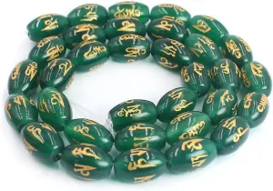 Natural 8x12mm Olivary Carved Buddhist Tibetan Six word of Mantra Green Agate Gemstone Beads Strand 15" Natural Stone for Necklace Bracelet DIY Design