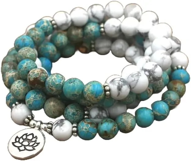 Natural Howlite,Turquoise 8mm 108 Mala Beads, Spiritual, Meditation Beads, Reiki, Japa Mala, Buddhist Prayer Beads, Yoga Bracelet, healing beads LKMALA-RRGU-1503