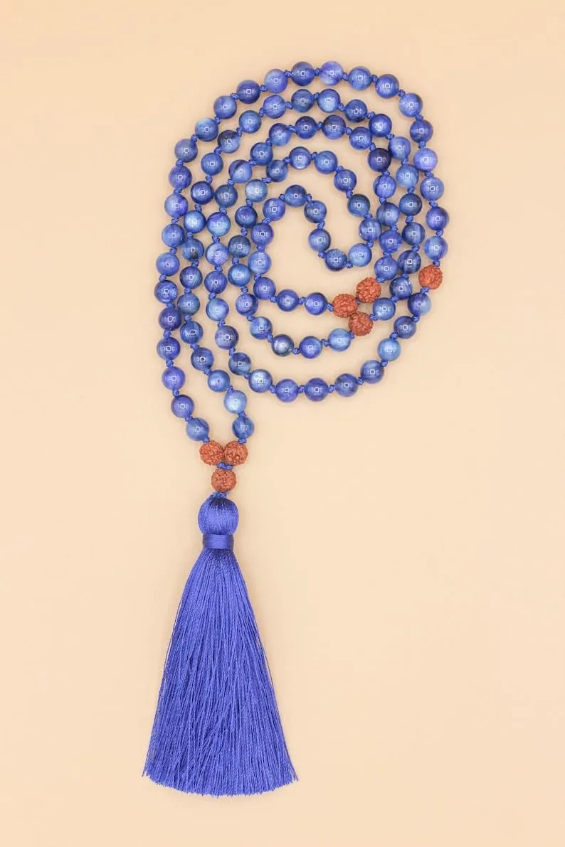 Natural Kyanite, rudraksh 8mm 108 Mala Beads, Spiritual, Meditation Beads, Reiki, Japa Mala, Buddhist Prayer Beads, Yoga Bracelet, healing beads LKMALA-RRGU-3770