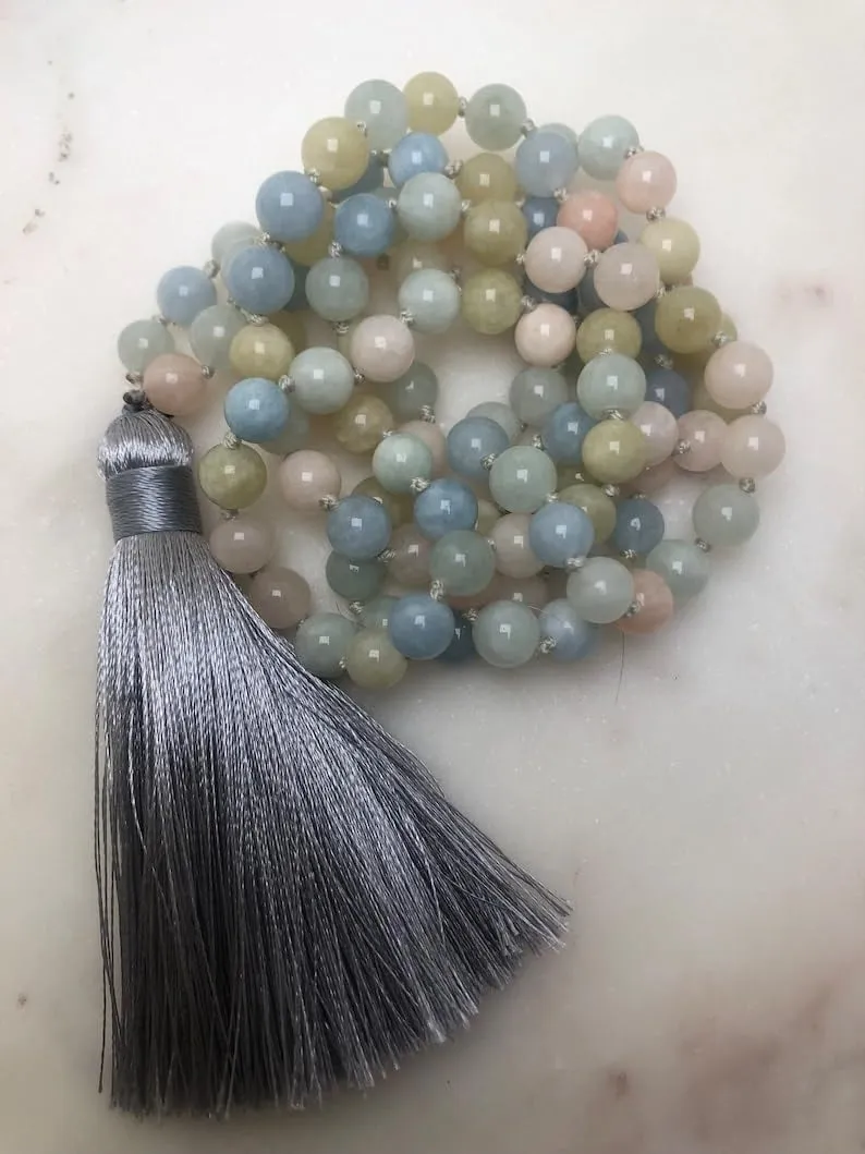 Natural Morganite 8mm 108 Mala Beads, Spiritual, Meditation Beads, Reiki, Japa Mala, Buddhist Prayer Beads, Yoga Bracelet, healing beads LKMALA-RRGU-3780