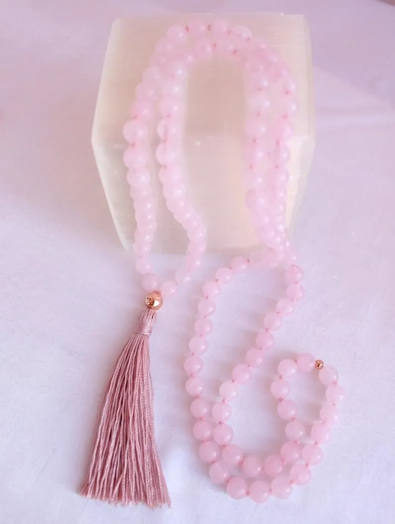 Natural ROSE QUARTZ 8mm 108 Mala Beads, Spiritual, Meditation Beads, Reiki, Japa Mala, Buddhist Prayer Beads, Yoga Bracelet, healing beads LKMALA-RRGU-2691