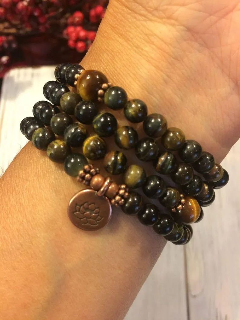 Natural Tiger Eye 8mm 108 Mala Beads, Spiritual, Meditation Beads, Reiki, Japa Mala, Buddhist Prayer Beads, Yoga Bracelet, healing beads LKMALA-RRGU-3852