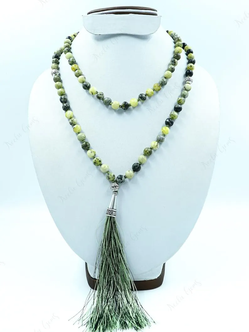 Natural Yellow Serpentine 8mm 108 Mala Beads, Spiritual, Meditation Beads, Reiki, Japa Mala, Buddhist Prayer Beads, Yoga Bracelet, healing beads LKMALA-RRGU-2779