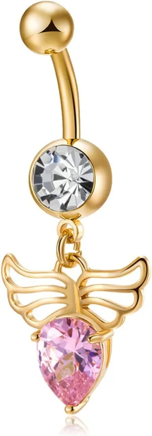 Navel Ring Surgical Stainless Steel, CZ Navel Rings for Women Long Bar Angel Wings Gold Belly Rings