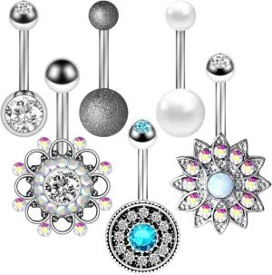 Navel Ring Surgical Stainless Steel, CZ Surgical Steel Navel Rings for Women Flower And Pendant Silver Belly Rings