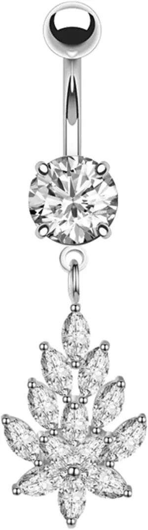 Navel Ring Surgical Stainless Steel, CZ Top Navel Rings for Women Leaf Pendant Silver Navel Rings