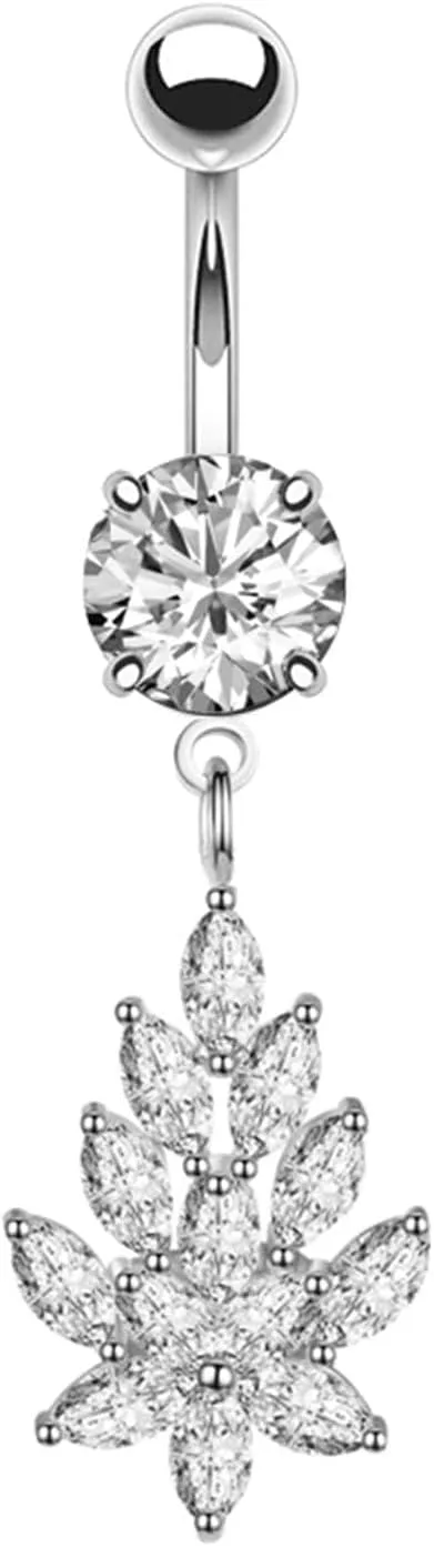 Navel Ring Surgical Stainless Steel, CZ Top Navel Rings for Women Leaf Pendant Silver Navel Rings