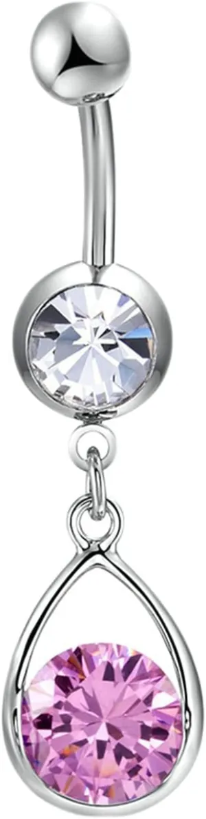 Navel Ring Surgical Stainless Steel, CZ Top Navel Rings for Women Water Drop And Round Pink Belly Rings