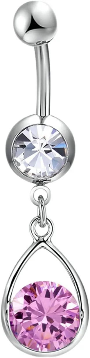 Navel Ring Surgical Stainless Steel, CZ Top Navel Rings for Women Water Drop And Round Pink Belly Rings