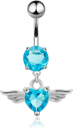 Navel Ring Surgical Stainless Steel, CZ Womens Navel Rings Angel Wing Heart Pendant Blue Belly Rings