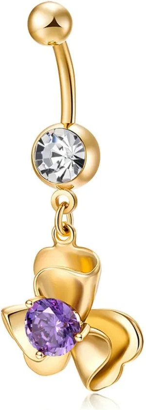 Navel Rings Stainless Steel, Crystal Navel Rings for Women Cheap 3 Petals Flower Gold Navel Piercing
