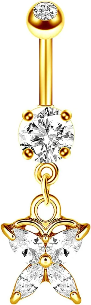Navel Rings Stainless Steel, Crystal Navel Rings for Women Long Butterfly Shaped And Round Gold Belly Ring