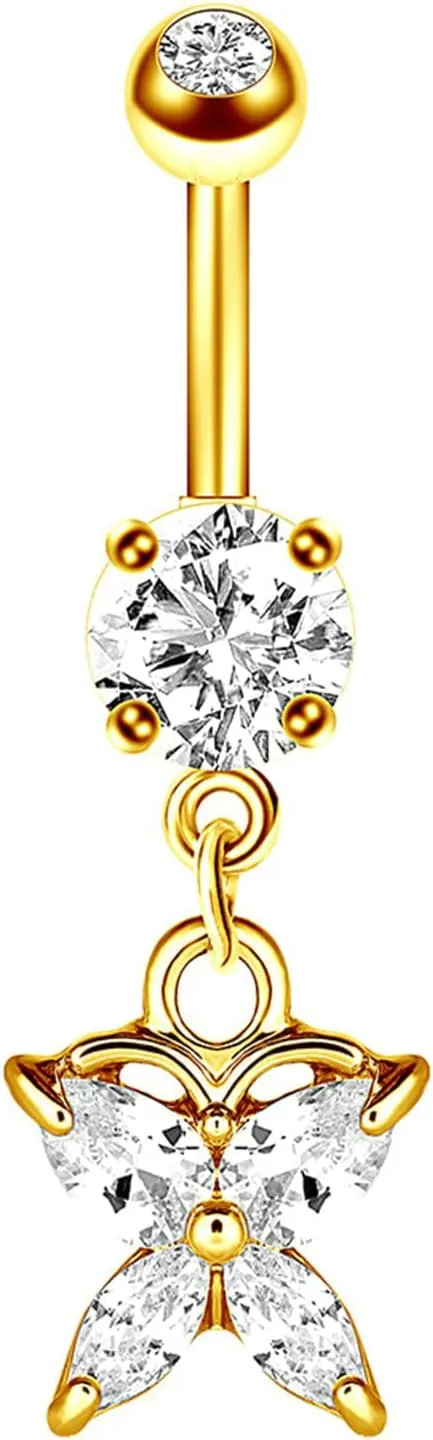 Navel Rings Stainless Steel, Crystal Navel Rings for Women Long Butterfly Shaped And Round Gold Belly Ring