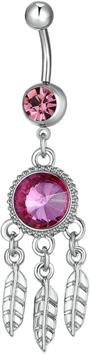 Navel Rings Stainless Steel, Crystal Rose Gold Navel Rings for Women Pink Leaf Dangle White Belly Ring