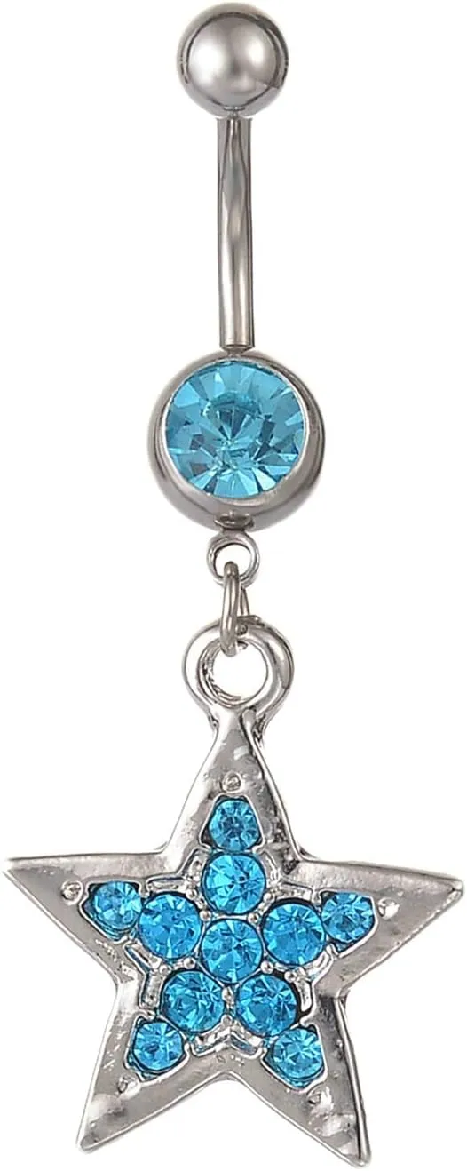 Navel Rings Stainless Steel, Crystal Surgical Navel Rings for Women Star Shape Lake Blue Navel Piercing