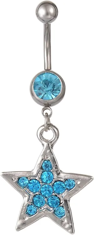 Navel Rings Stainless Steel, Crystal Surgical Navel Rings for Women Star Shape Lake Blue Navel Piercing