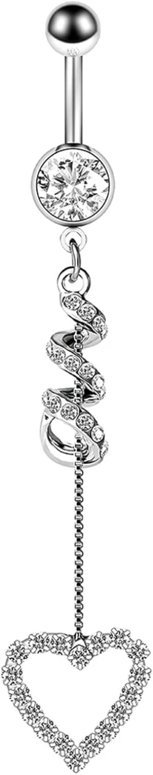 Navel Rings Stainless Steel, Crystal Surgical Steel Navel Rings for Women Heart Pendant Silver Navel Piercing