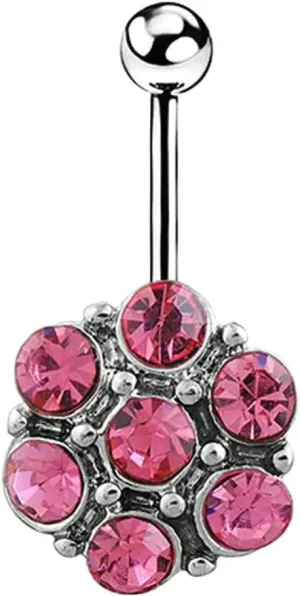 Navel Rings Stainless Steel, Crystal Top Navel Rings for Women Multi Round Pendant Pink Navel Piercing