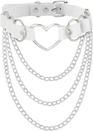 Navoky Punk Leather Choker Multilayered Chain Heart Circle Necklace Gothic Layered Chain Collar Metal Ring Necklaces Adjustable Party Rave Accessories for Women