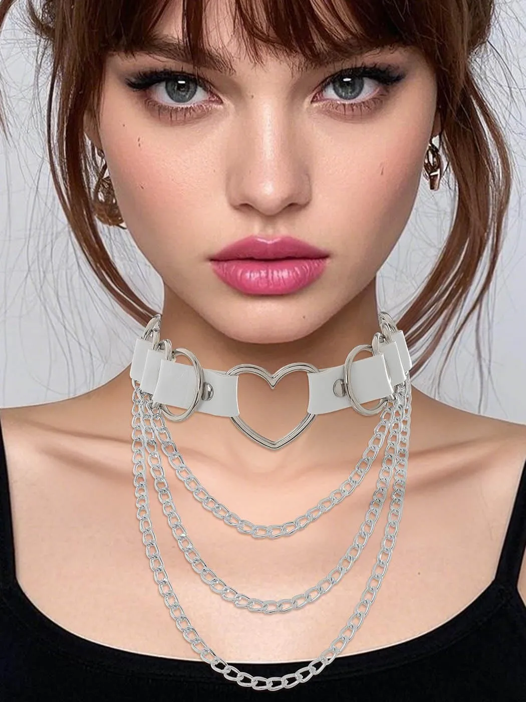 Navoky Punk Leather Choker Multilayered Chain Heart Circle Necklace Gothic Layered Chain Collar Metal Ring Necklaces Adjustable Party Rave Accessories for Women