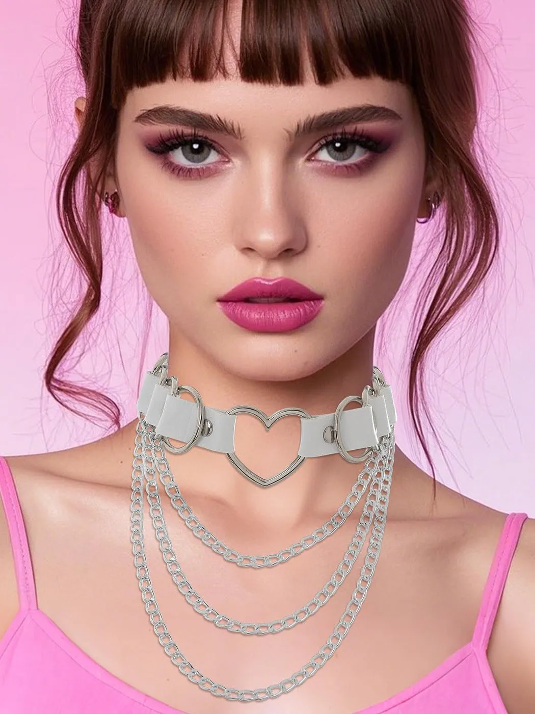 Navoky Punk Leather Choker Multilayered Chain Heart Circle Necklace Gothic Layered Chain Collar Metal Ring Necklaces Adjustable Party Rave Accessories for Women