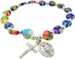 Needzo Miraculous Saint Mary Medal Charm Glass Heart Shape Bead, 6 1/2-inch Stretch Bracelet