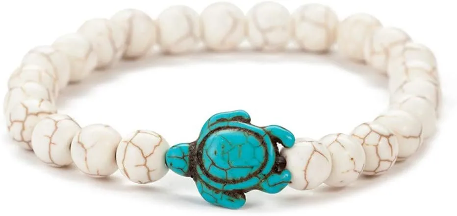 Ocean Sea Turtle Bracelets Save Beach Jewelry for Women Men 8MM Natural Stone Elastic Friendship Beads Bracelet (White Turquoise)