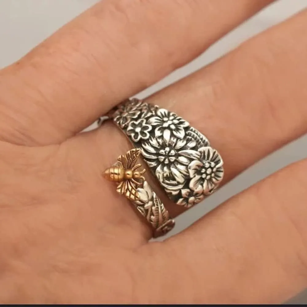OIDIMS Retro Flower Bee Wrap Open Rings Vintage Animal Sunflower Statement Promise Engagement Honey Bee Circling Flowers Cluster Spoon Ring Bands for Women Mens Fashion Jewelry Gifts