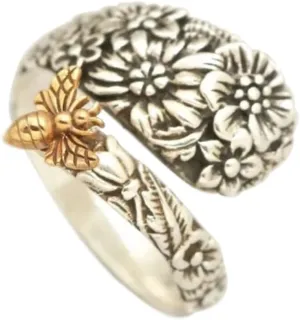 OIDIMS Retro Flower Bee Wrap Open Rings Vintage Animal Sunflower Statement Promise Engagement Honey Bee Circling Flowers Cluster Spoon Ring Bands for Women Mens Fashion Jewelry Gifts
