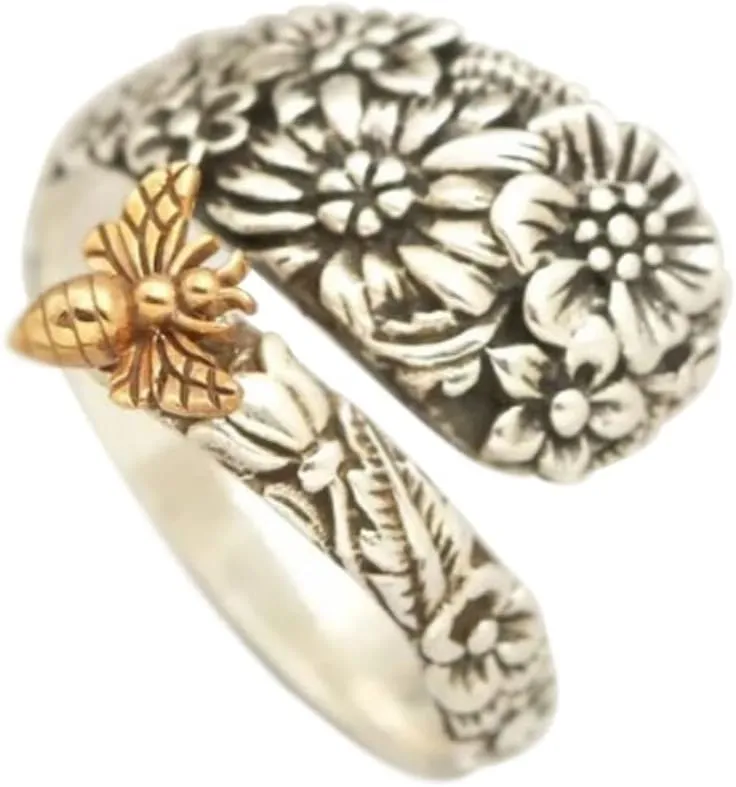 OIDIMS Retro Flower Bee Wrap Open Rings Vintage Animal Sunflower Statement Promise Engagement Honey Bee Circling Flowers Cluster Spoon Ring Bands for Women Mens Fashion Jewelry Gifts