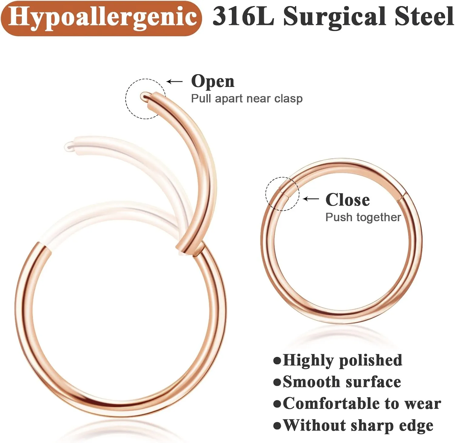 ONESING 5pcs Nose Rings Hoops 14G-20G Hinged CZ Conch Piercing Jewelry 316L Surgical Steel Septum & Lip Rings 6mm-14mm